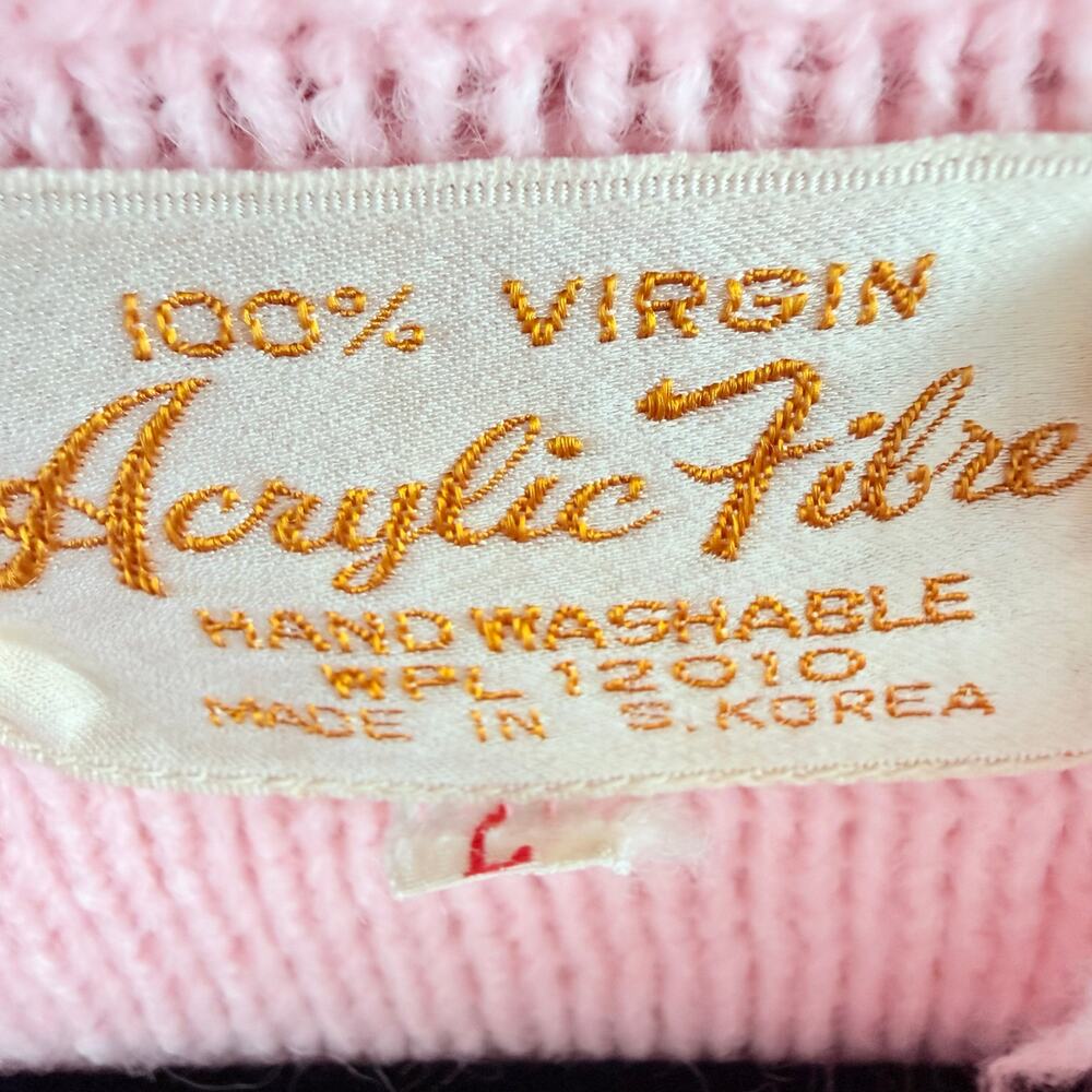 Vtg 80s Sweater Pink Textured Knit Green Pom Coquette Granny Cottagecore Women L - Picture 7 of 10